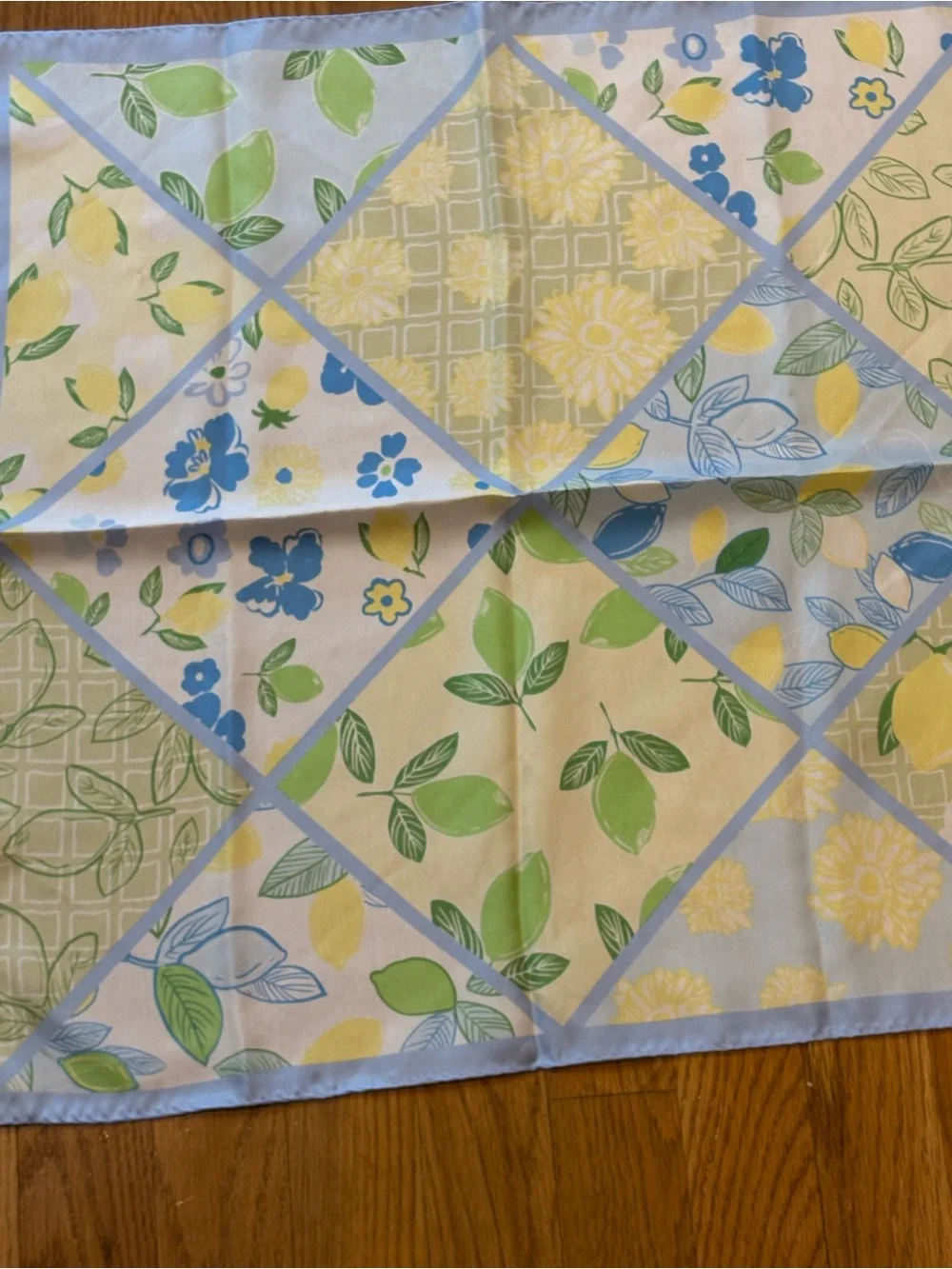 Lemon & Lime print Scarf 21” Square, Yellow Green Blue Pastels Patchwork design